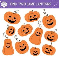 Find two same jack-o-lanterns. Halloween matching activity for children. Funny educational autumn logical quiz worksheet for kids. Simple printable game with scary pumpkin lanterns vector