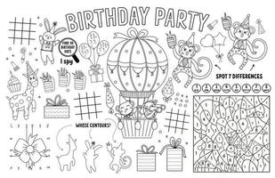 Vector Happy Birthday placemat for kids. Holiday party printable activity mat with maze, tic tac toe charts, connect the dots, find difference. Black and white play mat or coloring page