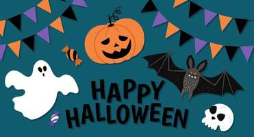 vector composición de halloween con texto, fantasma, calavera, sombrero de bruja, murciélago, banderas sobre fondo azul oscuro. divertido diseño de vacaciones de otoño para pancartas, carteles, invitaciones. plantilla de tarjeta con elementos de miedo