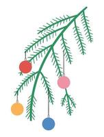 Vector decorated Christmas tree branch with colored balls isolated on white background. Cute funny illustration of New Year symbol. Christmas coniferous twig for decorations or design.