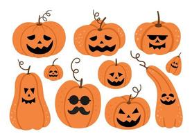 Set of vector jack-o-lanterns. Halloween party illustration with funny pumpkin lanterns. Scary design for Autumn Samhain party. All saints day elements collection.