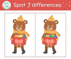 Christmas find differences game for children. Winter educational activity with funny bear with colored balls in box. Printable worksheet with smiling character. Cute New Year puzzle for kids vector