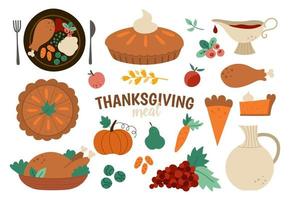 Vector set of traditional Thanksgiving desserts and dishes isolated on white background. Cute funny illustration of autumn holiday meal. Fall food collection with turkey and pumpkin pie