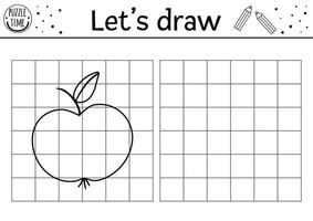 Copy the picture autumn themed game for kids. Complete the apple game. Vector back to school drawing practice worksheet. Printable black and white activity or coloring page for children.
