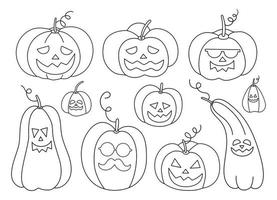 Vector conjunto de linternas jack-o-lanterns en blanco y negro. delinear la ilustración de la fiesta de halloween o la página para colorear con divertidas linternas de calabaza. diseño de miedo para la fiesta de otoño de samhain. todos los elementos del día de los santos.