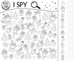 Christmas I spy game for kids. Searching and counting activity for preschool children with traditional New Year objects. Funny winter printable worksheet for kids. Simple holiday spotting puzzle.