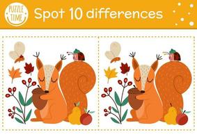 Find differences game for children. Autumn forest educational activity with squirrel and acorn. Printable worksheet with cute animal. Woodland puzzle for kids. Fall preschool sheet vector