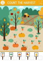 Autumn counting game with harvest in the garden or field. Fall or Thanksgiving math activity for preschool children. Simple printable farm themed worksheet. Educational puzzle for kids. vector