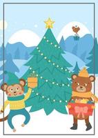 Vector winter forest background with cute animals, fir tree, snow. Funny woodland Christmas card or boor cover with bear, monkey, presents. Flat New Year vertical illustration for children.