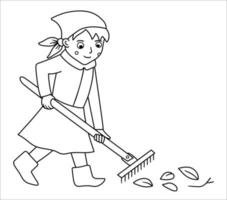 Vector black and white girl raking leaves with rakes illustration. Cute outline kid doing garden work. Spring line gardening activity picture or coloring page