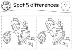 Black and white dental care find differences game for children. Mouth hygiene outline preschool activity with cute Tooth Fairy. Tooth loss puzzle or coloring page with cute characters for kids. vector