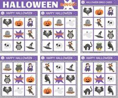 Vector Halloween bingo cards set. Fun family lotto board game with cute witch, lantern, vampire for kids. Autumn Fall holiday lottery activity. Simple educational printable worksheet.