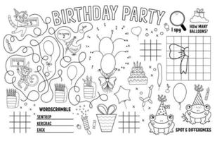 Vector Happy Birthday placemat for kids. Holiday party printable activity mat with maze, tic tac toe charts, connect the dots, find difference. Black and white play mat or coloring page