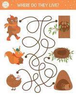 laberinto de otoño para niños. actividad educativa imprimible preescolar. divertido rompecabezas de la temporada de otoño con lindos animales del bosque y sus hogares. dónde viven. juego de bosque para niños. vector