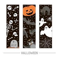 Vector back to school Halloween bookmarks set. Funny all saints day design for banners, posters, invitations. Vertical card template with skeleton, pumpkin lantern, ghosts, black cat and bats.
