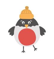 Camachuelo de vector con sombrero naranja. linda ilustración de pájaro de invierno. diseño divertido de la tarjeta de Navidad. impresión de año nuevo con personaje sonriente