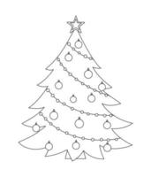 Vector árbol de Navidad decorado en blanco y negro aislado sobre fondo blanco. Ilustración de línea divertida linda del símbolo de año nuevo. icono de línea de abeto o página para colorear.