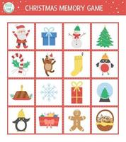 Christmas memory game cards with traditional holiday symbols. Matching activity with funny characters. Remember and find correct card. Simple winter printable worksheet for kids. vector