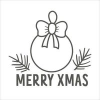 Vector Christmas black and white ball with bow and fir tree twigs isolated on white background. Cute funny illustration of New Year symbol. Christmas tree decoration line icon.