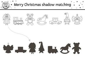 Christmas black and white shadow matching activity for children. Winter coloring page with cute toys. Educational game for kids with doll and teddy bear. Find correct silhouette printable worksheet. vector