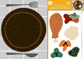 Vector Thanksgiving or Christmas cut and glue activity. Autumn crafting game with dish, fork, knife, holiday food. Fall printable worksheet for kids with turkey, sauce, veggies. Complete the plate