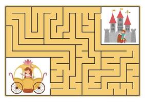 Fairytale maze for kids with fantasy characters. Magic kingdom preschool printable activity with carriage and castle. Fairy tale geometric labyrinth game or puzzle. Help princess get to prince vector