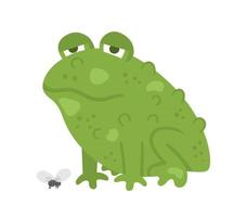 Cute vector sitting green toad with fly. Halloween character icon. Autumn all saints eve illustration with scary animal. Samhain party sign design for kids.