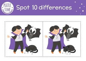 Halloween find differences game. Autumn educational activity with funny witch, cauldron and black cat. Printable worksheet with smiling character. Cute all saints day Halloween find differences game vector