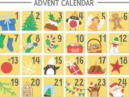 Vector Christmas advent calendar with traditional holiday symbols. Cute winter planner for kids. Festive poster or box packaging design with Santa Claus, fir tree, deer, present