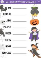 Vector Halloween word scramble activity page. English language game with cute witch, lantern, vampire for kids. Autumn Fall holiday family quiz. Simple educational printable worksheet.