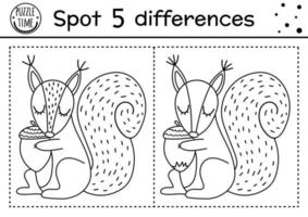 Find differences line game for kids. Black and white Autumn forest educational activity with squirrel and acorn. Printable worksheet with cute animal. Woodland puzzle. Fall preschool coloring page vector