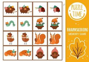 Vector autumn forest memory game cards with cute animals, birds, insects. Fall matching activity. Remember and find correct card. Simple fall printable worksheet for kids with squirrel, owl