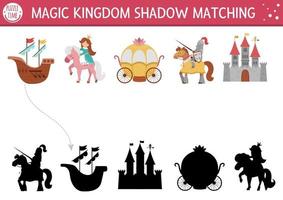 Fairytale shadow matching activity with castle, princess, knight. Magic kingdom puzzle with traditional symbols and characters. Find correct silhouette printable worksheet. Fairy tale page for kids vector