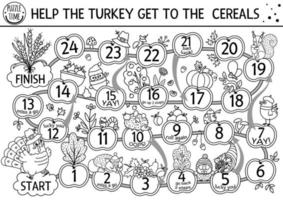 Thanksgiving Day black and white dice board game with cute turkey and forest animals. Autumn holiday line boardgame with pumpkin, harvest, trees. Fall outline activity or printable worksheet for kids. vector