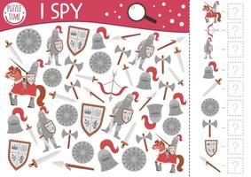 Fairytale fantasy I spy game for kids with knight armor. Searching and counting activity with helmet, horse, sward. Magic kingdom printable worksheet. Simple fairy tale spotting puzzle vector