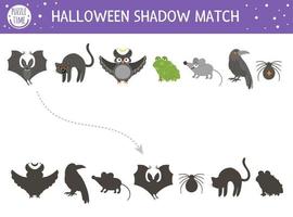 Halloween shadow matching activity for children. Autumn puzzle with scary animals. Educational game for kids with black cat, bat, owl, raven, spider. Find the correct silhouette printable worksheet. vector