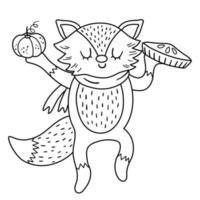 Cute black and white fox in scarf with pumpkin pie. Vector outline autumn or Thanksgiving character isolated on white background. Fall season line woodland animal icon.  Funny forest illustration.