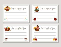 Vector Thanksgiving cards set. Im thankful for horizontal templates collection with cute turkey, pumpkin, owl, hedgehog. Autumn holiday frame designs for kids.