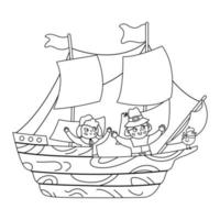 Vector black and white wooden ship with pilgrims isolated on white background. Pilgrim historical boat outline illustration. Thanksgiving Day line icon. First American people transportation