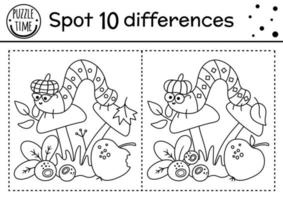 Find differences line game for kids. Black and white autumn forest activity with caterpillar and mushroom. Printable worksheet with cute insect. Woodland puzzle. Fall preschool sheet vector