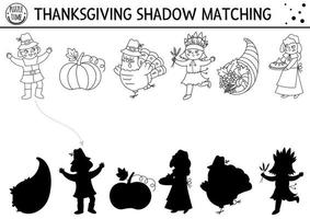 Thanksgiving black and white shadow matching activity with turkey, pilgrim, pumpkin. Autumn line puzzle with traditional holiday symbols. Find correct silhouette printable worksheet vector