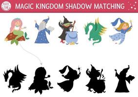 Fairytale shadow matching activity with mermaid, dragon, fairy. Magic kingdom puzzle with cute characters. Find correct silhouette printable worksheet or game. Fairy tale page for kids vector