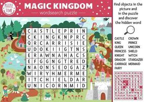 Vector fairytale wordsearch puzzle for kids. Simple magic kingdom crossword with fantasy creatures for children. Activity with knight, castle, princess, unicorn. Fairy tale cross word
