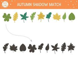 Autumn shadow matching activity for children. Fall season puzzle with cute plants. Simple educational game for kids with leaves. Find the correct silhouette printable worksheet. vector