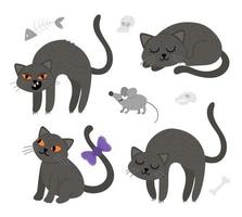 Set of cute vector black cats and mouse. Halloween characters icons collection. Funny autumn all saints eve illustration with scary animals, sculls, bones. Samhain party sign design for kids.