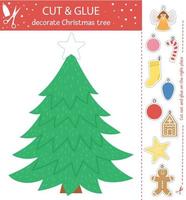 Vector Christmas cut and glue activity. Winter educational crafting game with cute toys, gingerbread, stocking. Fun activity for kids. Decorate fir tree