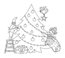 Cute black and white Christmas preparation scene with rabbit, bird and llama decorating fir tree. Winter line illustration with animals. Funny card design. New Year print with smiling characters vector