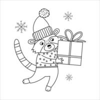 Vector black and white raccoon in hat and scarf with gift box and snowflakes. Cute winter animal line illustration with present in hands. Funny Christmas card design. New Year print template