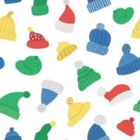 Vector seamless pattern with cute hats. Funny repeating background with warm head clothes. Autumn or winter accessory digital paper.