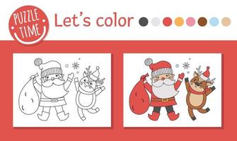 Christmas coloring page for children. Funny Santa Claus with deer. Vector winter holiday outline illustration with Santa and reindeer. New Year party color book for kids with colored example